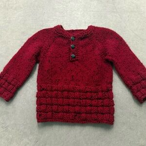 Hand knit Unisex Child’s Red & Black Crew Neck 3 Button Long Sleeve Sweater